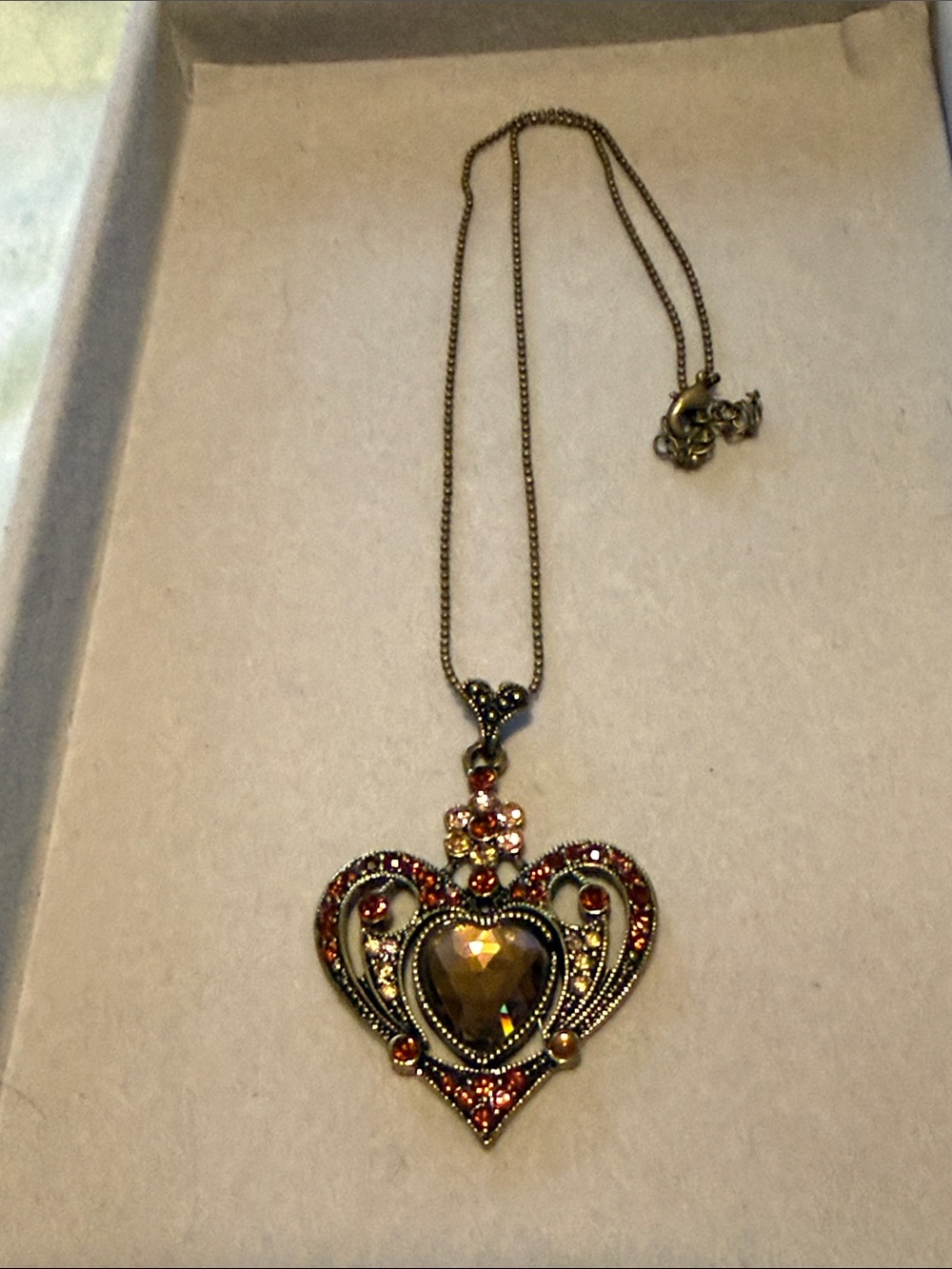 Gold-Tone Heart Pendant Necklace with Amber Crystal Accent